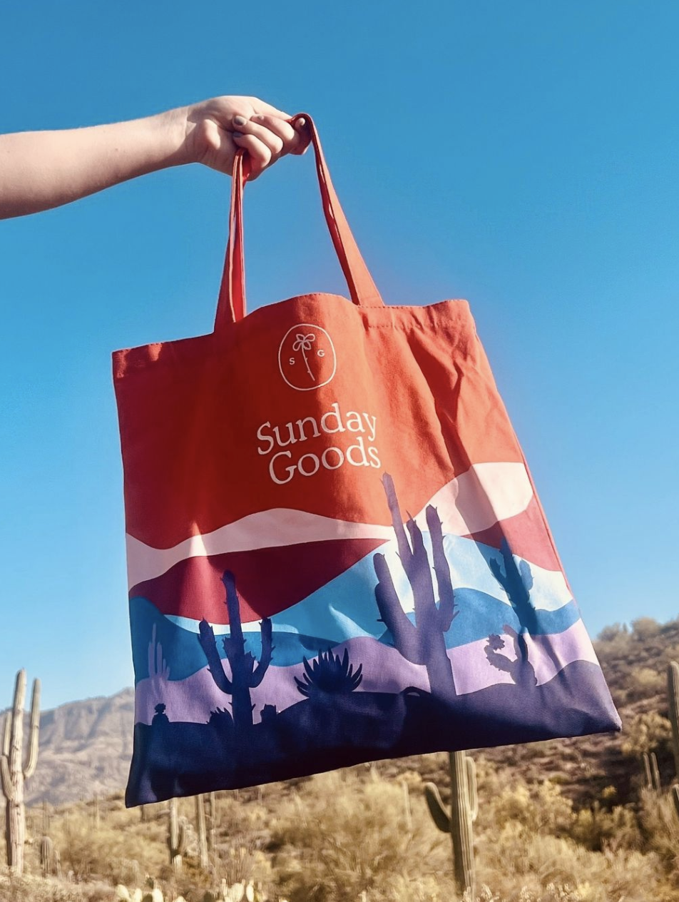 Sunday Goods tote with Arizona scenery in background